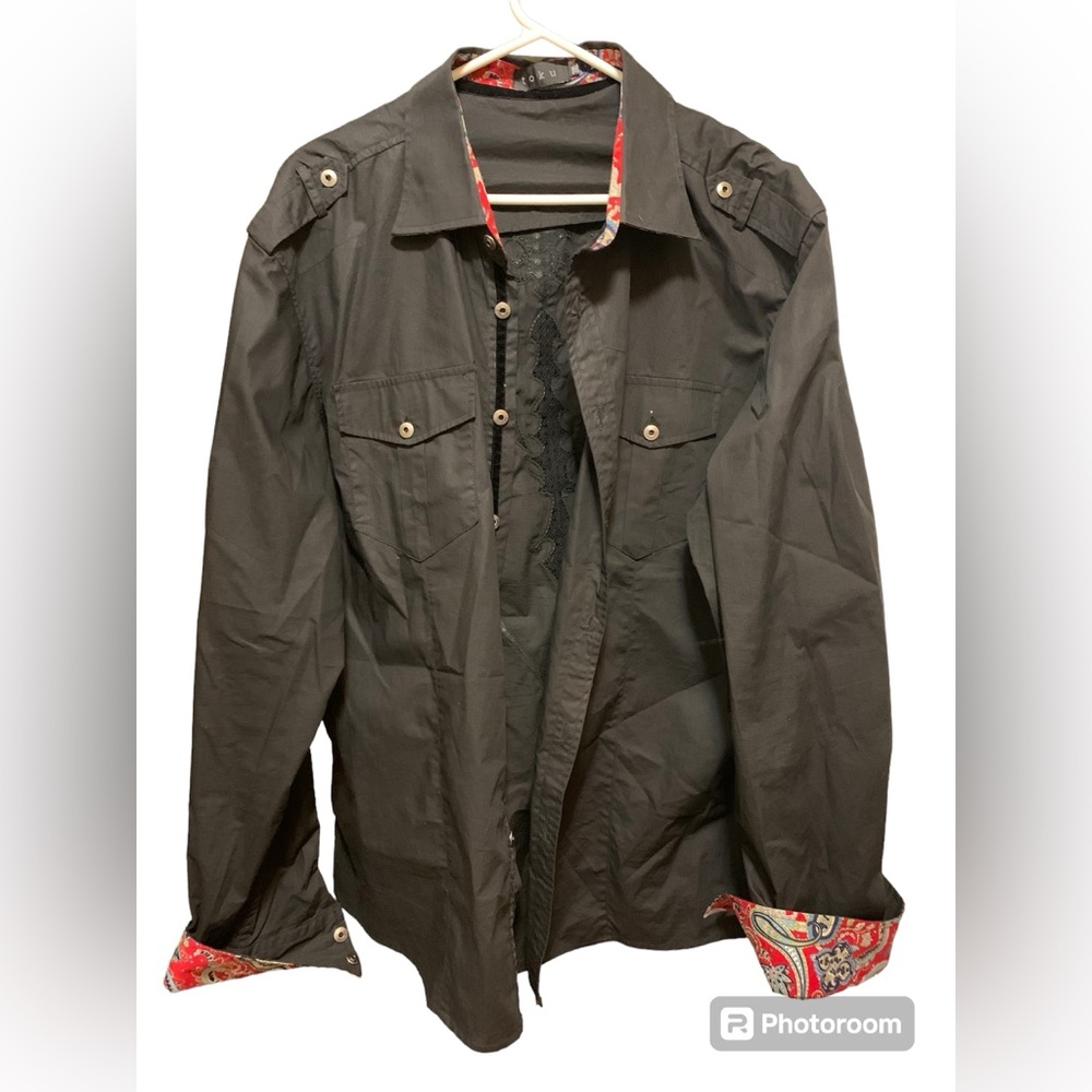 Men's Casual Black Shirt with Patterned Cuffs